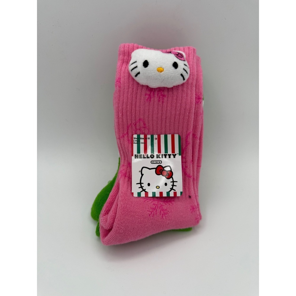 Hello‎ Kitty Crew Socks Size 4-10 Pink Green Holiday Presents Sanrio